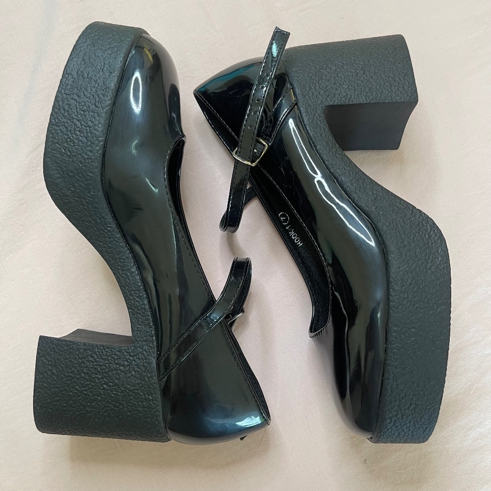 SHEIN Black Patent Mary Jane Platform Heels